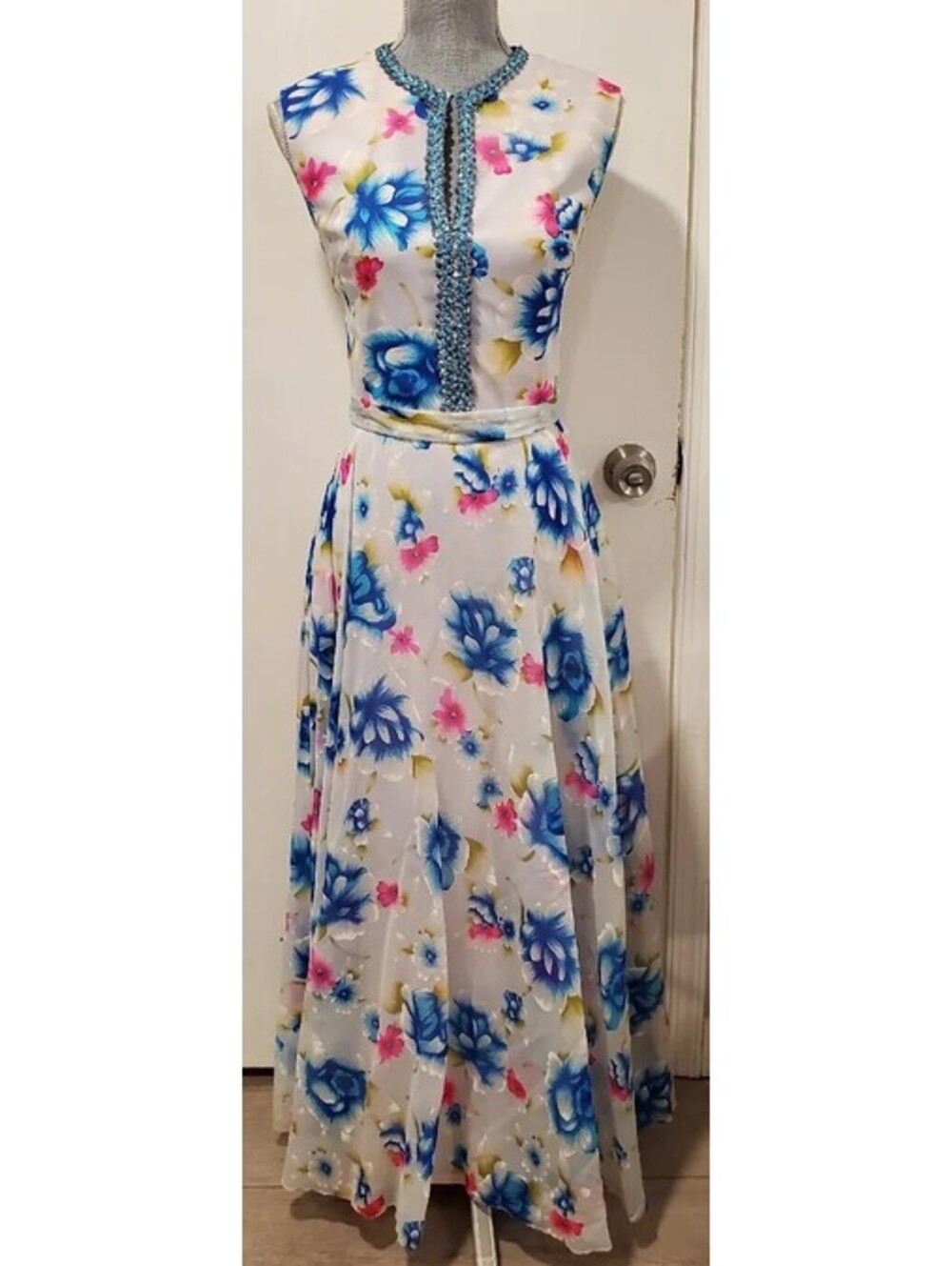 Vintage 1960s Blue Pink Floral Sheer Chiffon Dress Maxi Sequin Neckline